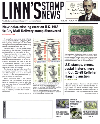 Linn's Stamp News Weekly October 25, 2021 Issue Cover