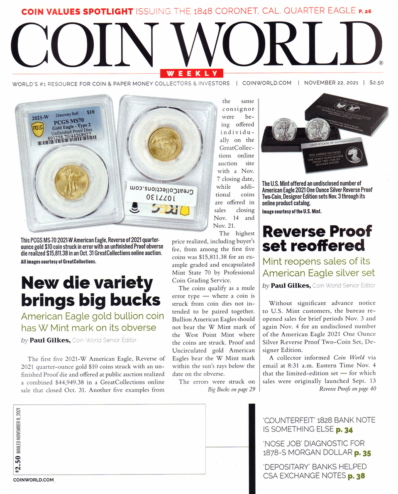 Coin World Weekly November 22, 2021 Issue Cover