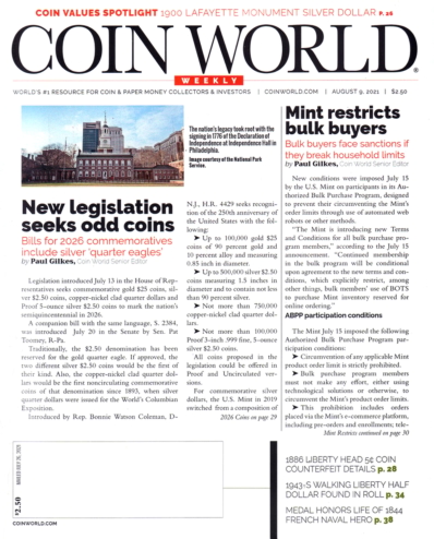 Coin World Weekly August 09, 2021 Issue Cover