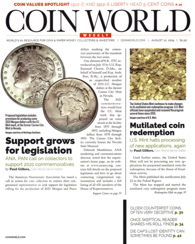 Coin World Weekly August 12, 2019 Issue Cover
