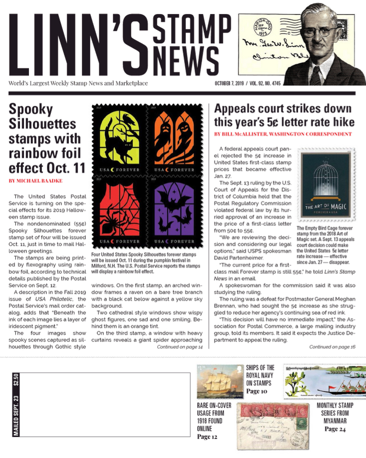 Linns-Stamp-News-Weekly October 07, 2019 Issue Cover