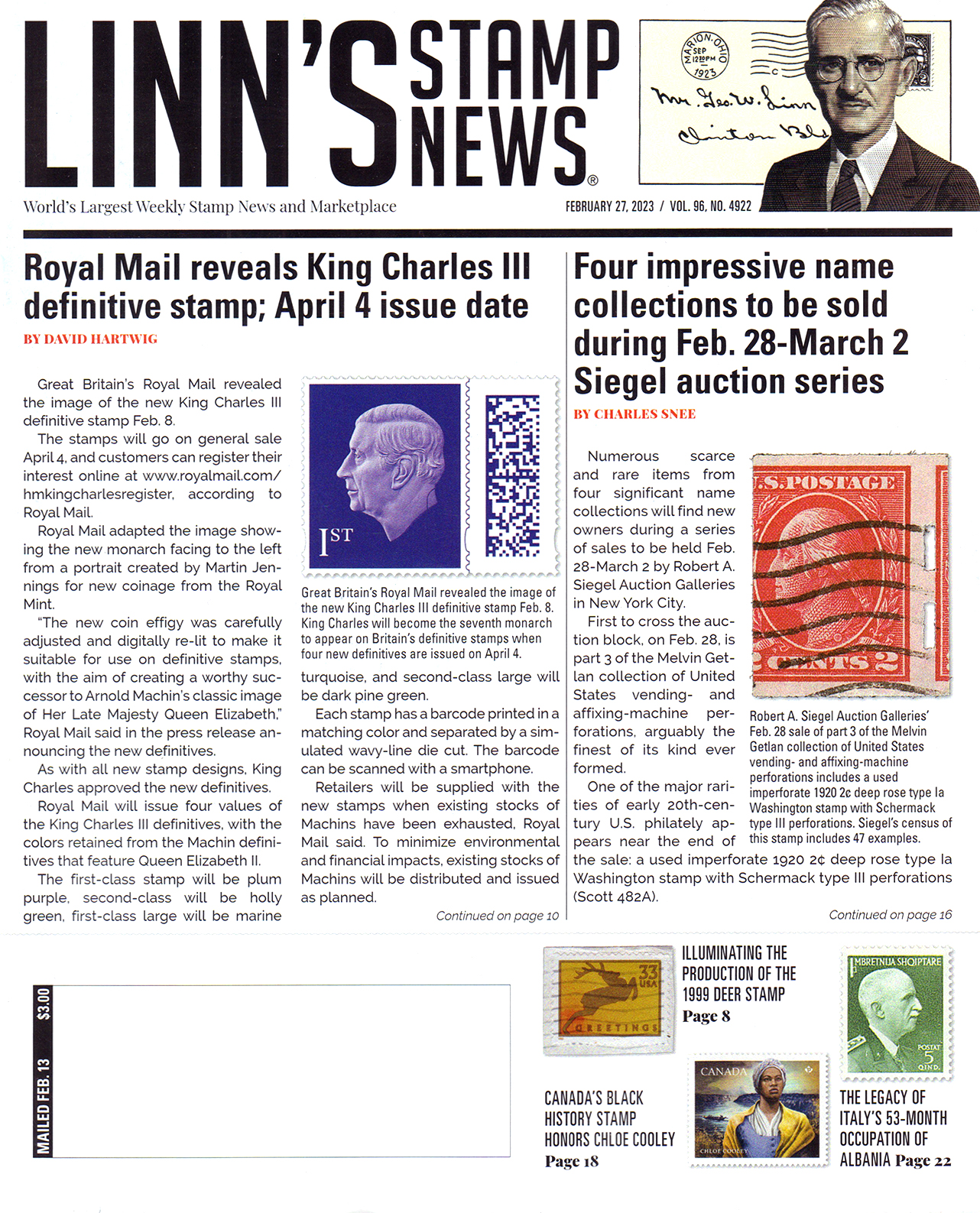 Linns-Stamp-News-Weekly February 27, 2023 Issue Cover