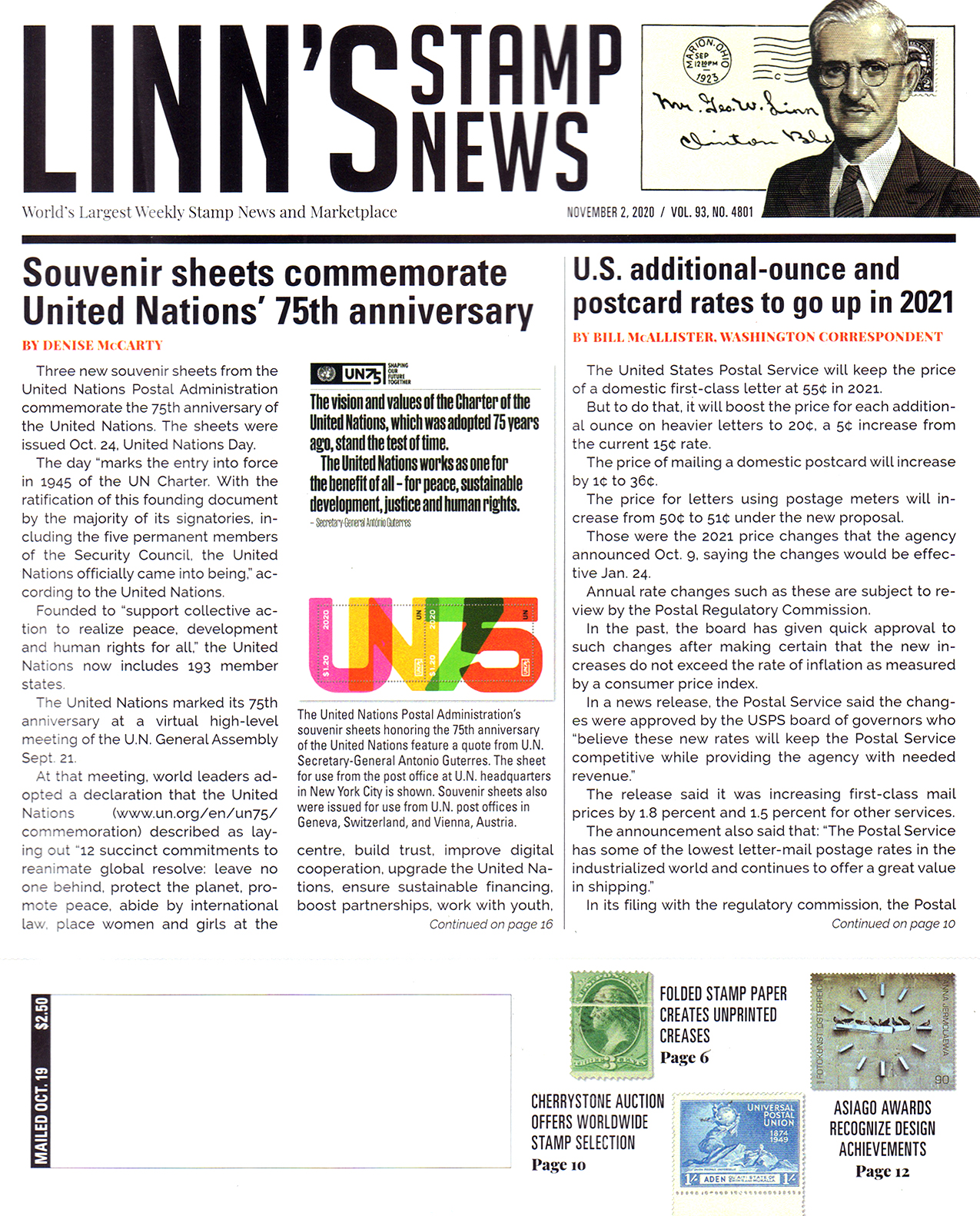 Linns-Stamp-News November 02, 2020 Issue Cover