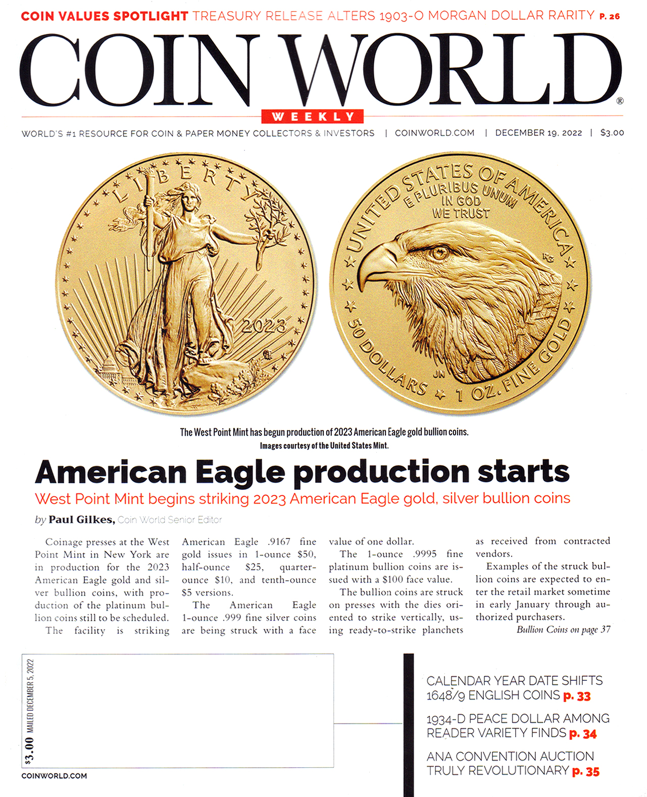 Coin-World-Weekly December 19, 2022 Issue Cover