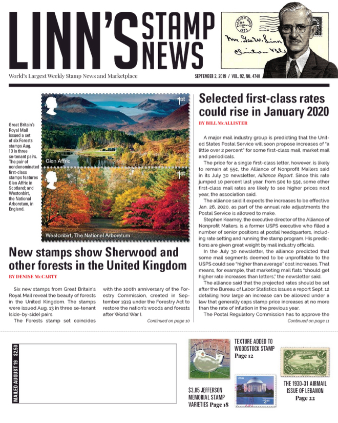 Linns-Stamp-News-Weekly September 02, 2019 Issue Cover