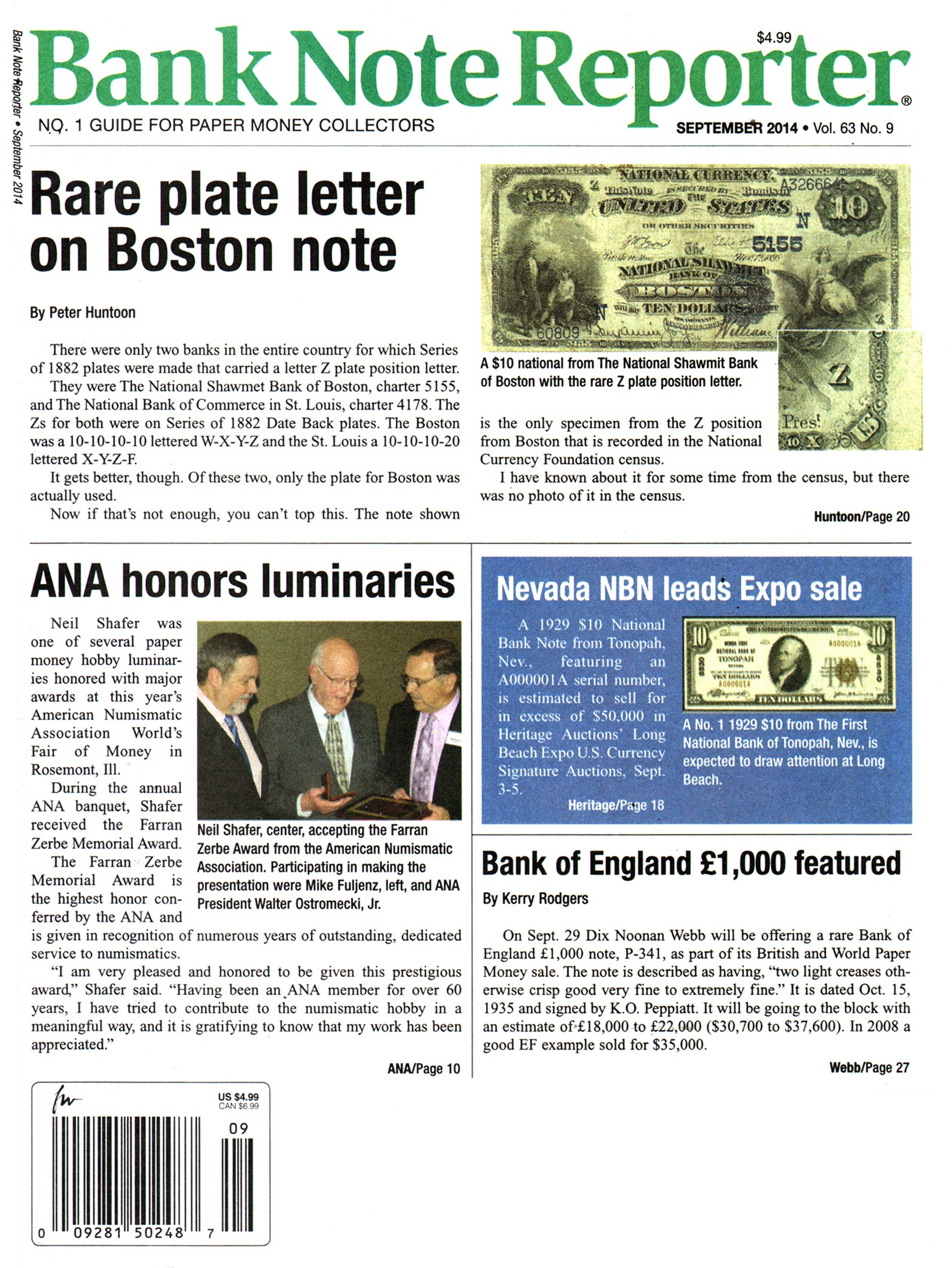 Bank-Note-Reporter September 01, 2014 Issue Cover