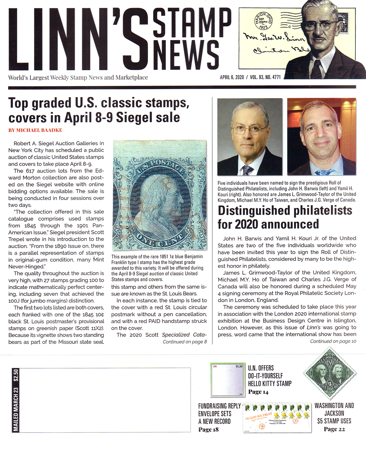 Linns-Stamp-News-Weekly April 06, 2020 Issue Cover
