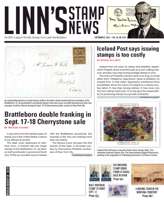 Linns-Stamp-News-Weekly September 09, 2019 Issue Cover