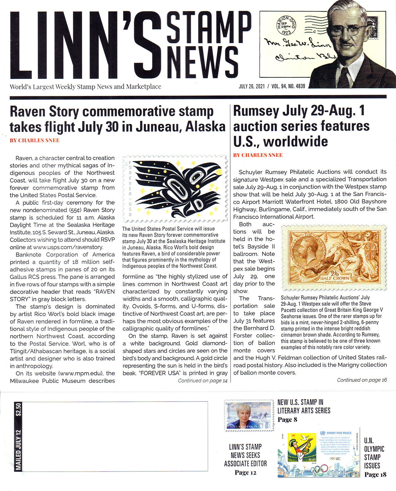 linns-stamp-news-weekly July 26, 2021 Issue Cover
