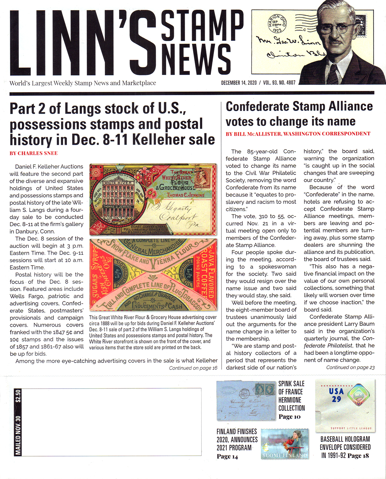 Linns-Stamp-News December 14, 2020 Issue Cover
