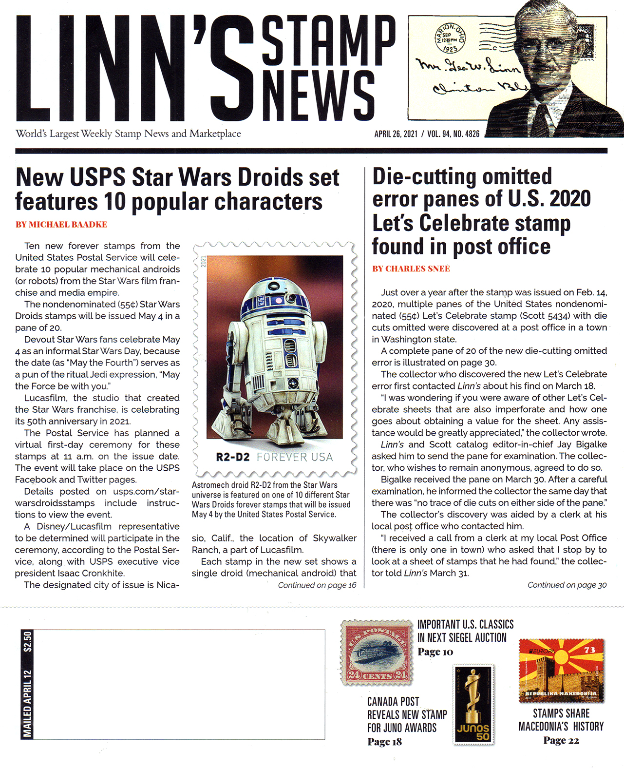 linns-stamp-news-weekly April 26, 2021 Issue Cover