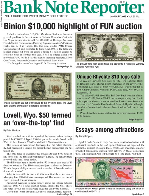 Bank-Note-Reporter January 01, 2016 Issue Cover