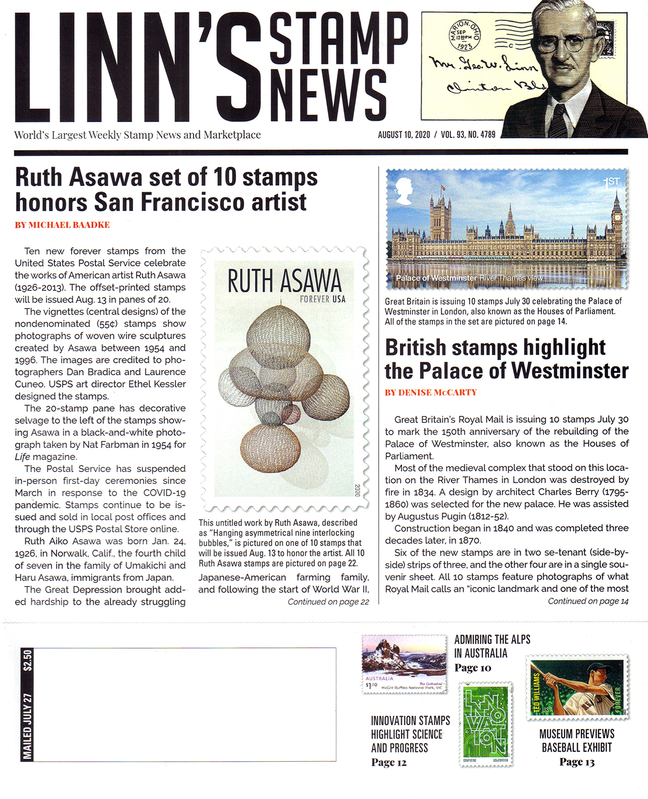 Linns-Stamp-News-Weekly August 10, 2020 Issue Cover