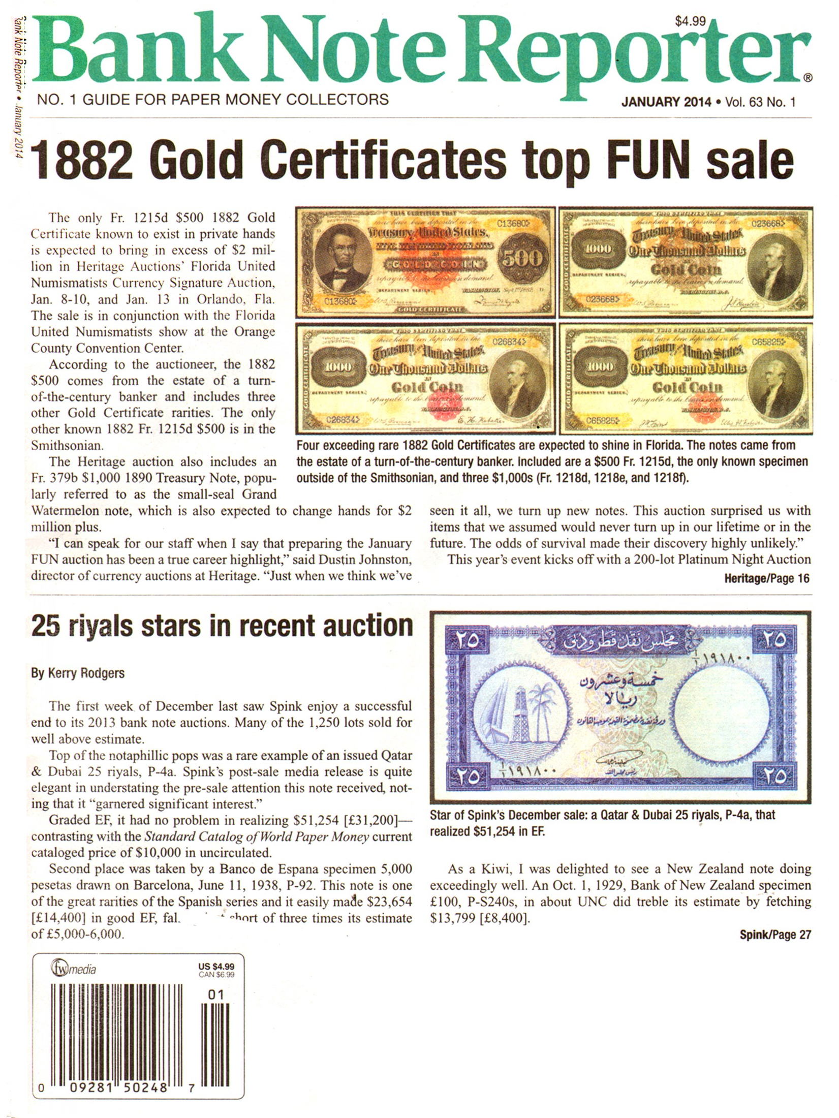 Bank-Note-Reporter January 01, 2014 Issue Cover