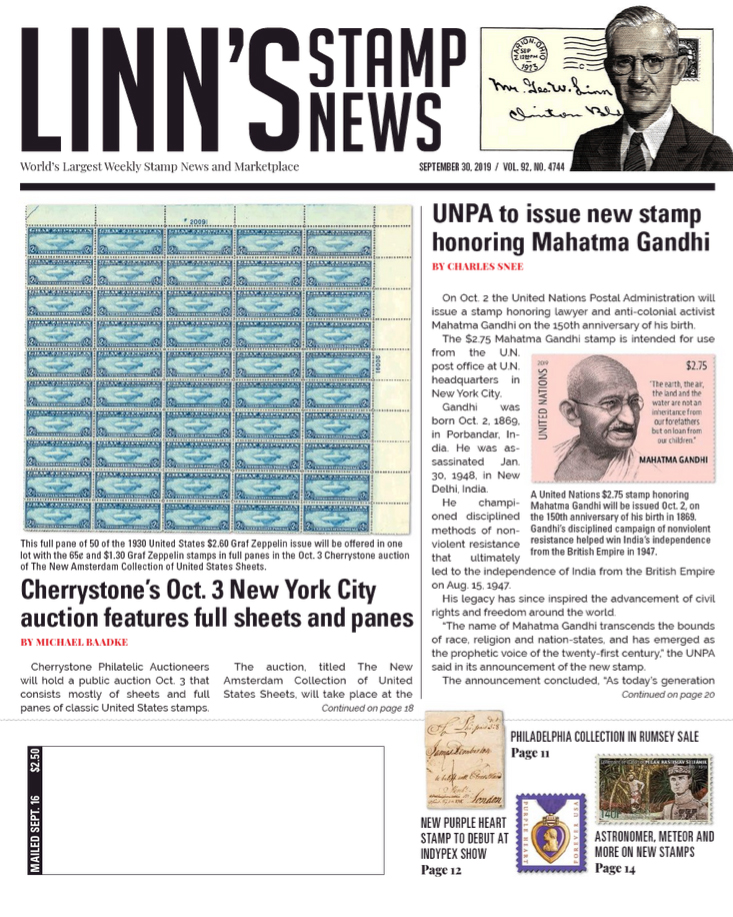 Linns-Stamp-News-Weekly September 30, 2019 Issue Cover