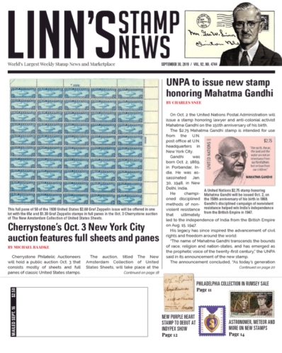 Linn's Stamp News Weekly September 30, 2019 Issue Cover