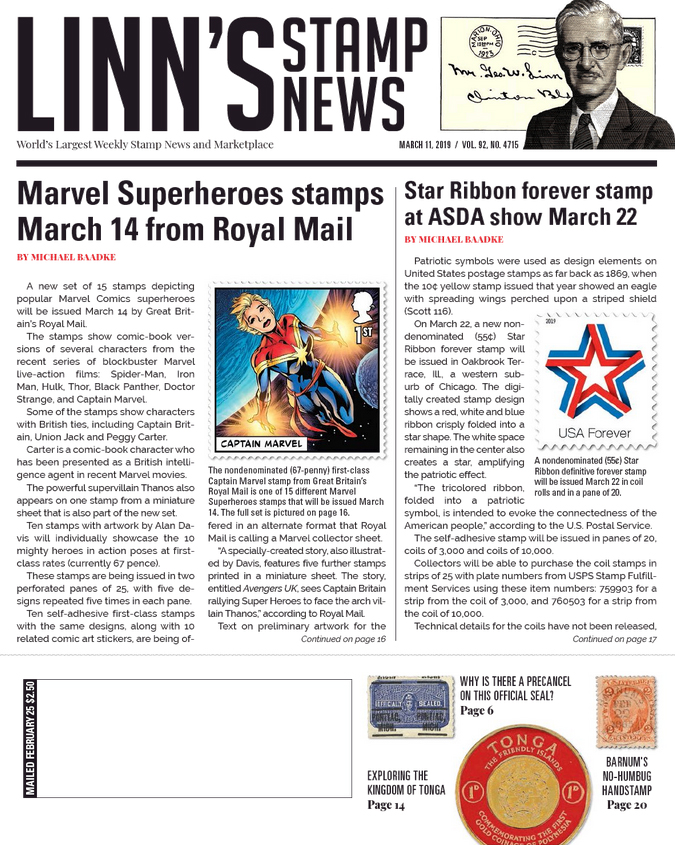 Linns-Stamp-News-Weekly March 11, 2019 Issue Cover
