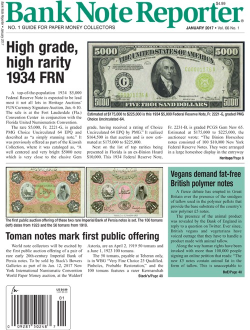 Bank-Note-Reporter January 01, 2017 Issue Cover