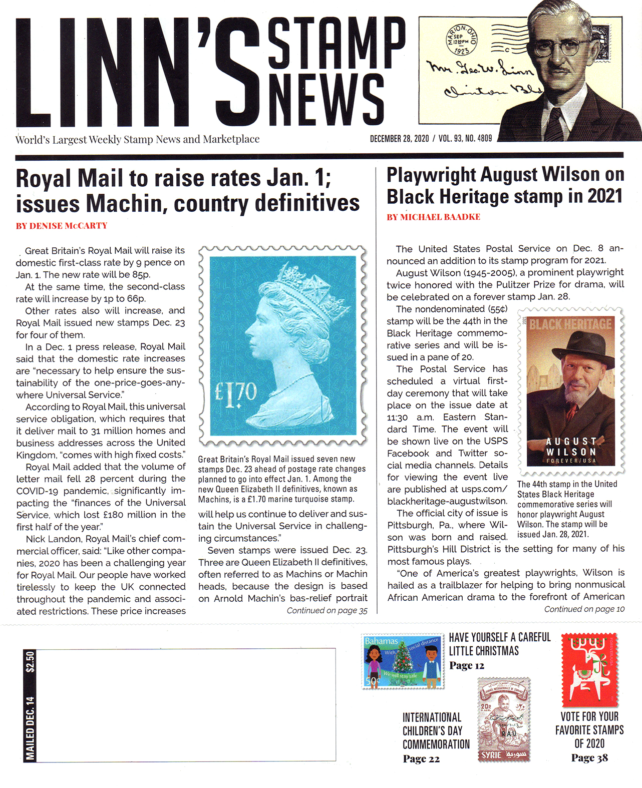 Linns-Stamp-News December 28, 2020 Issue Cover