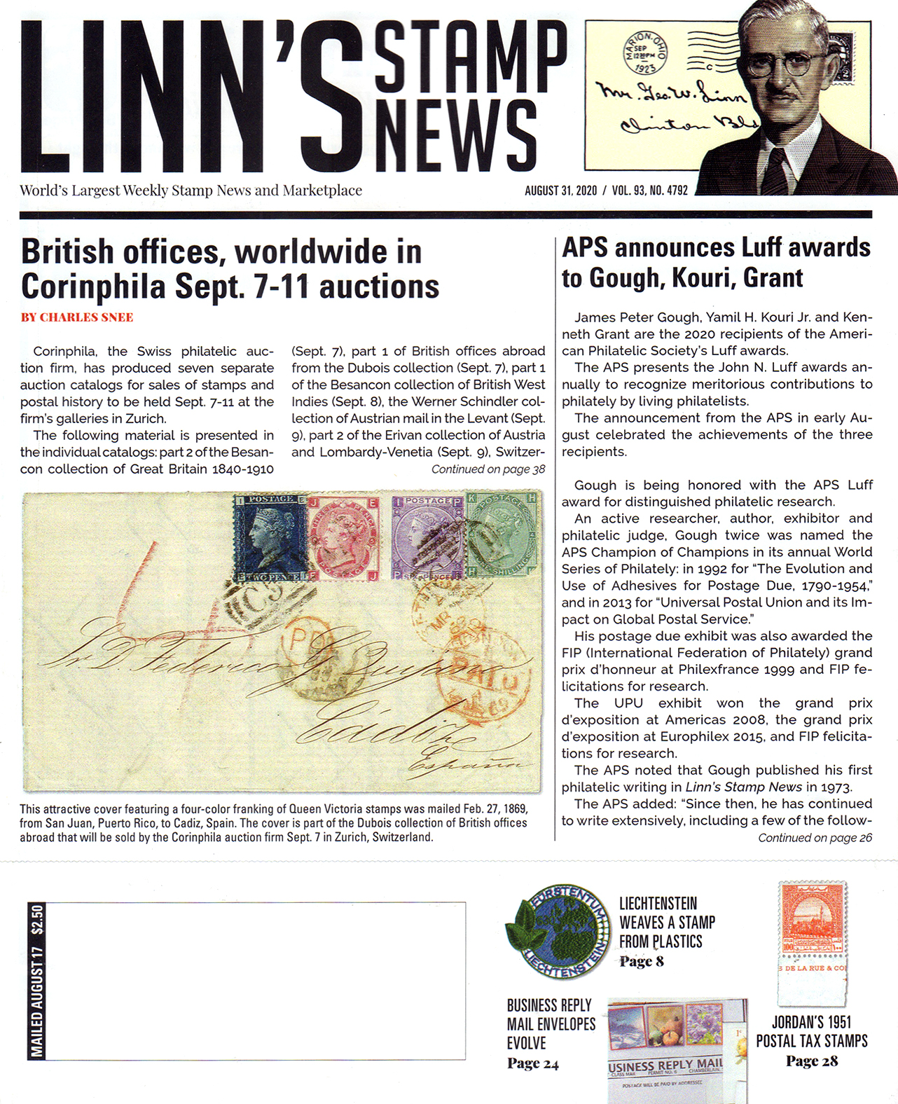 Linns-Stamp-News August 31, 2020 Issue Cover