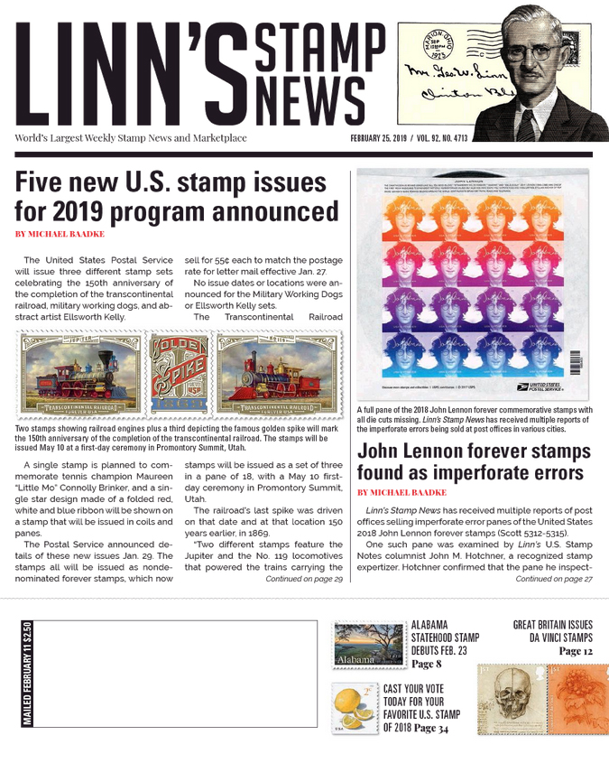 Linns-Stamp-News-Weekly February 25, 2019 Issue Cover
