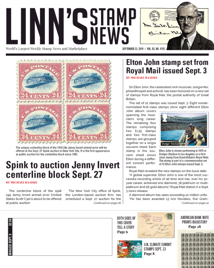Linns-Stamp-News-Weekly September 23, 2019 Issue Cover