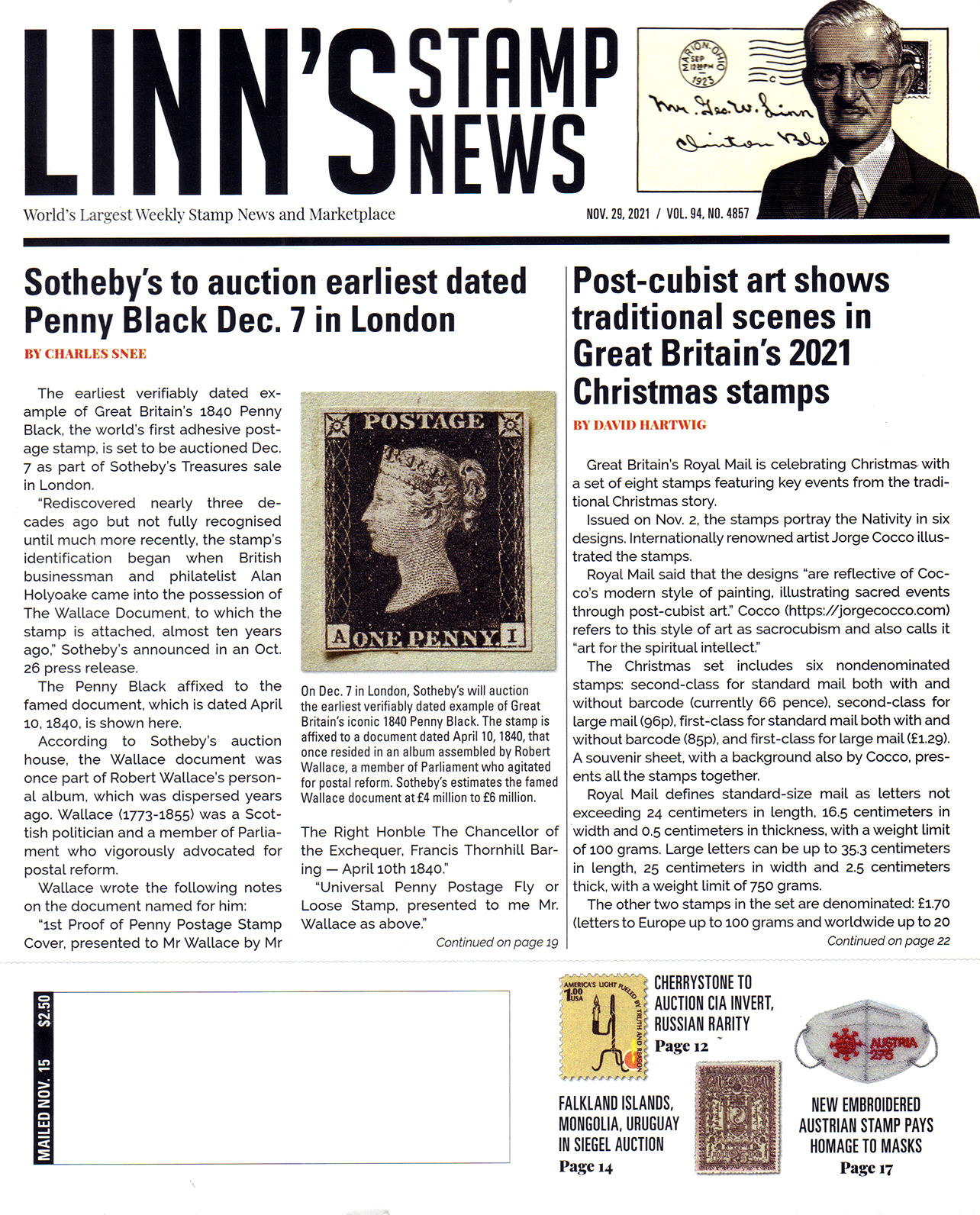 Linns-Stamp-News-Weekly November 29, 2021 Issue Cover
