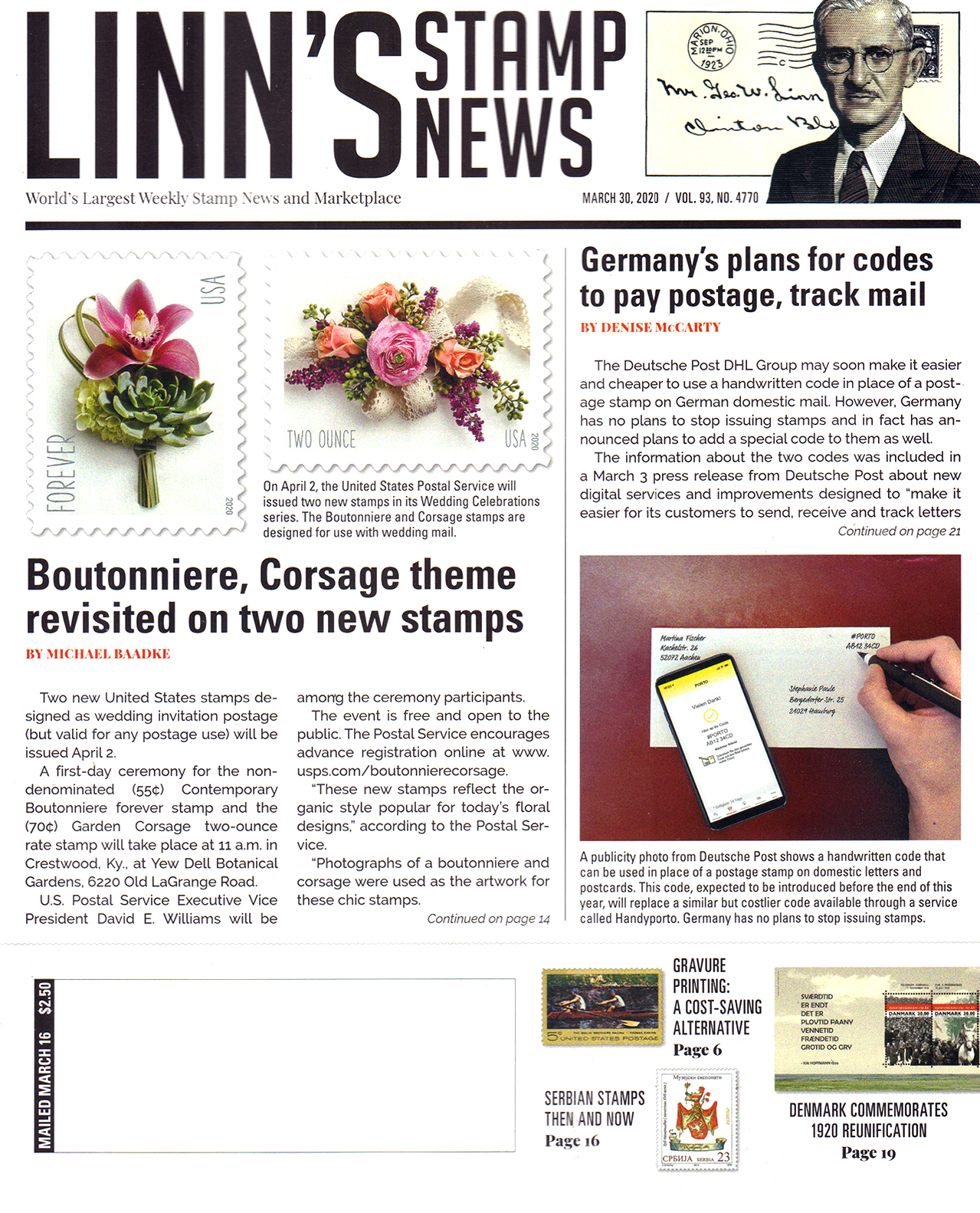 Linns-Stamp-News-Weekly March 30, 2020 Issue Cover