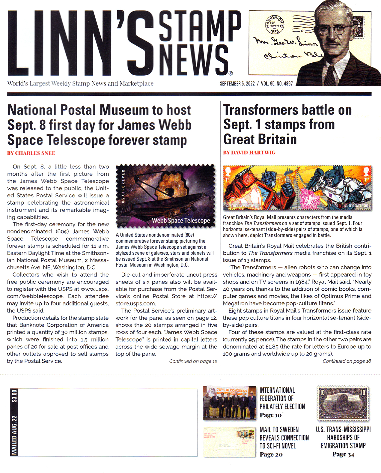 Linns-Stamp-News-Weekly September 05, 2022 Issue Cover