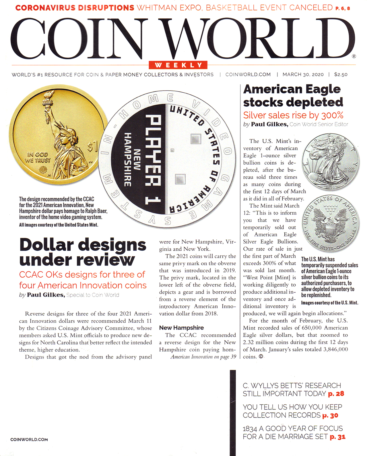Coin-World-Weekly March 30, 2020 Issue Cover