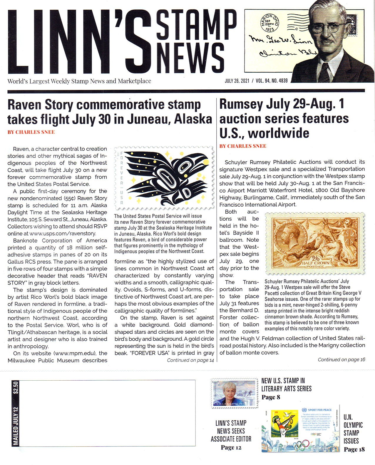 linns-stamp-news-weekly July 26, 2021 Issue Cover
