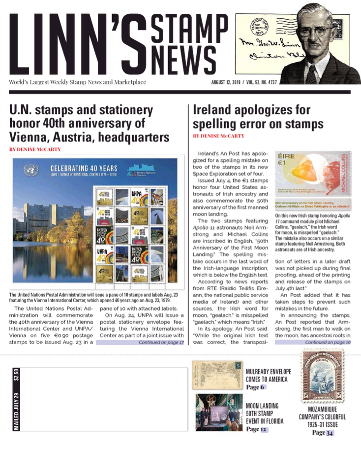 Linns-Stamp-News-Weekly August 12, 2019 Issue Cover