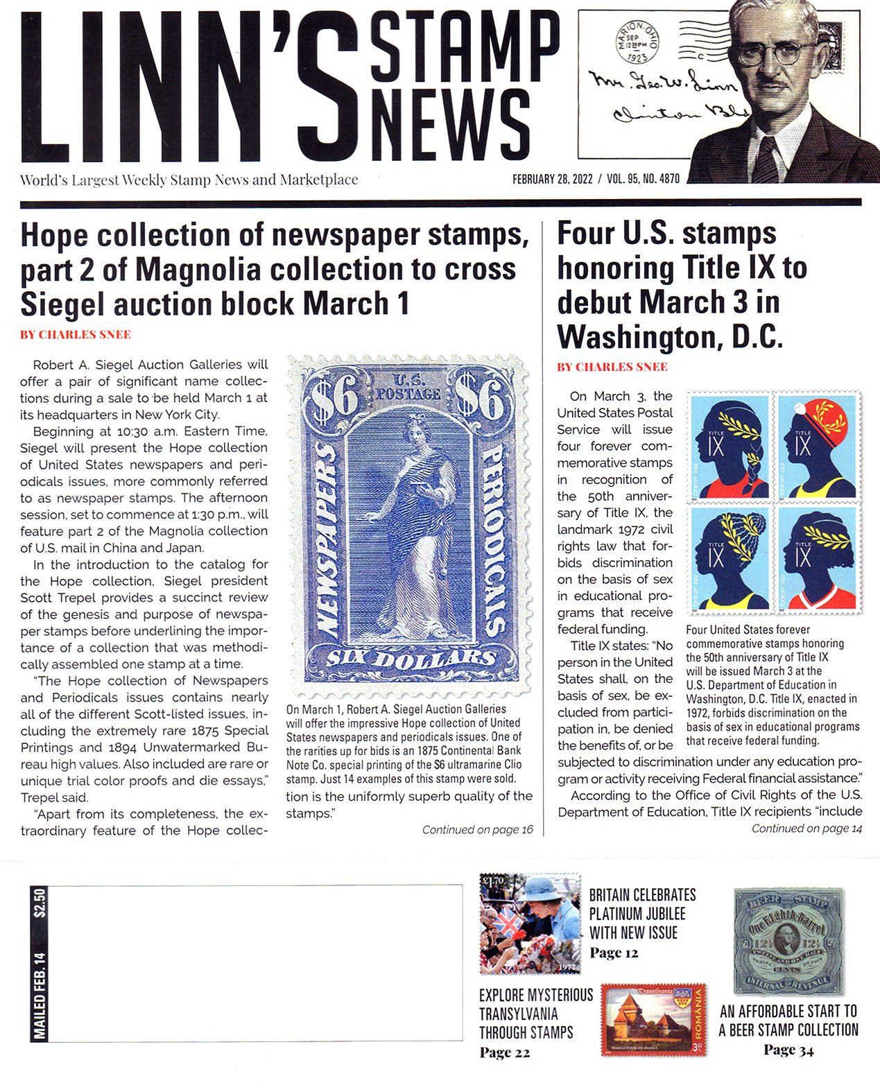 Linns-Stamp-News-Weekly February 28, 2022 Issue Cover