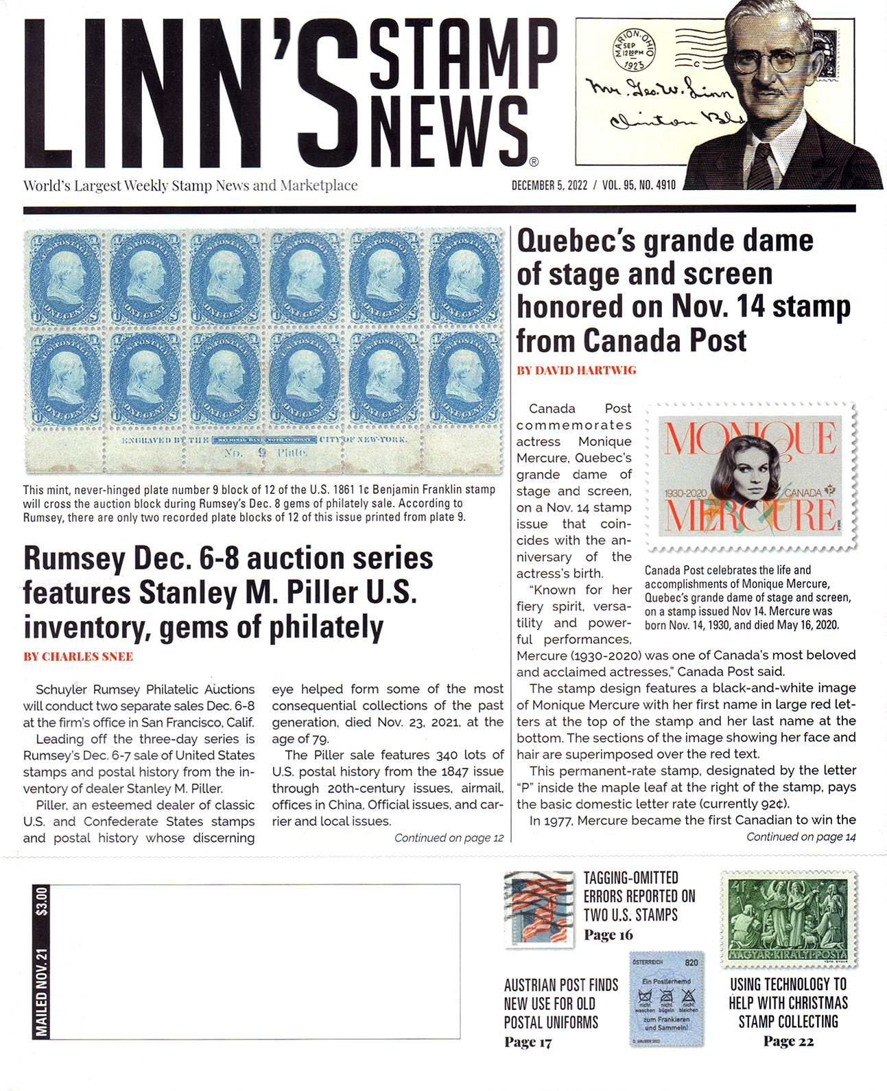 Linns-Stamp-News-Weekly December 05, 2022 Issue Cover