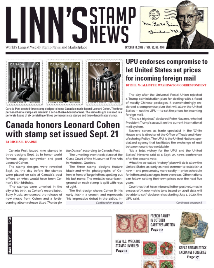 Linns-Stamp-News-Weekly October 14, 2019 Issue Cover