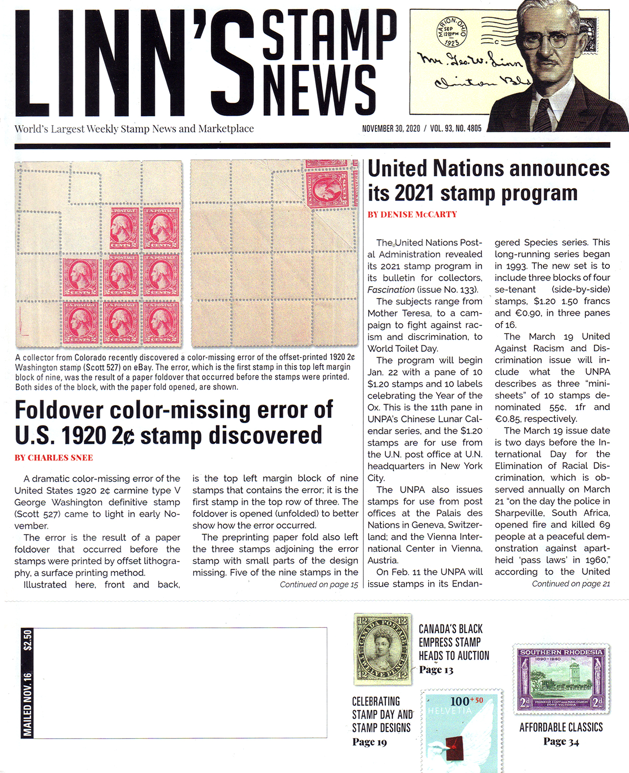 Linns-Stamp-News November 30, 2020 Issue Cover