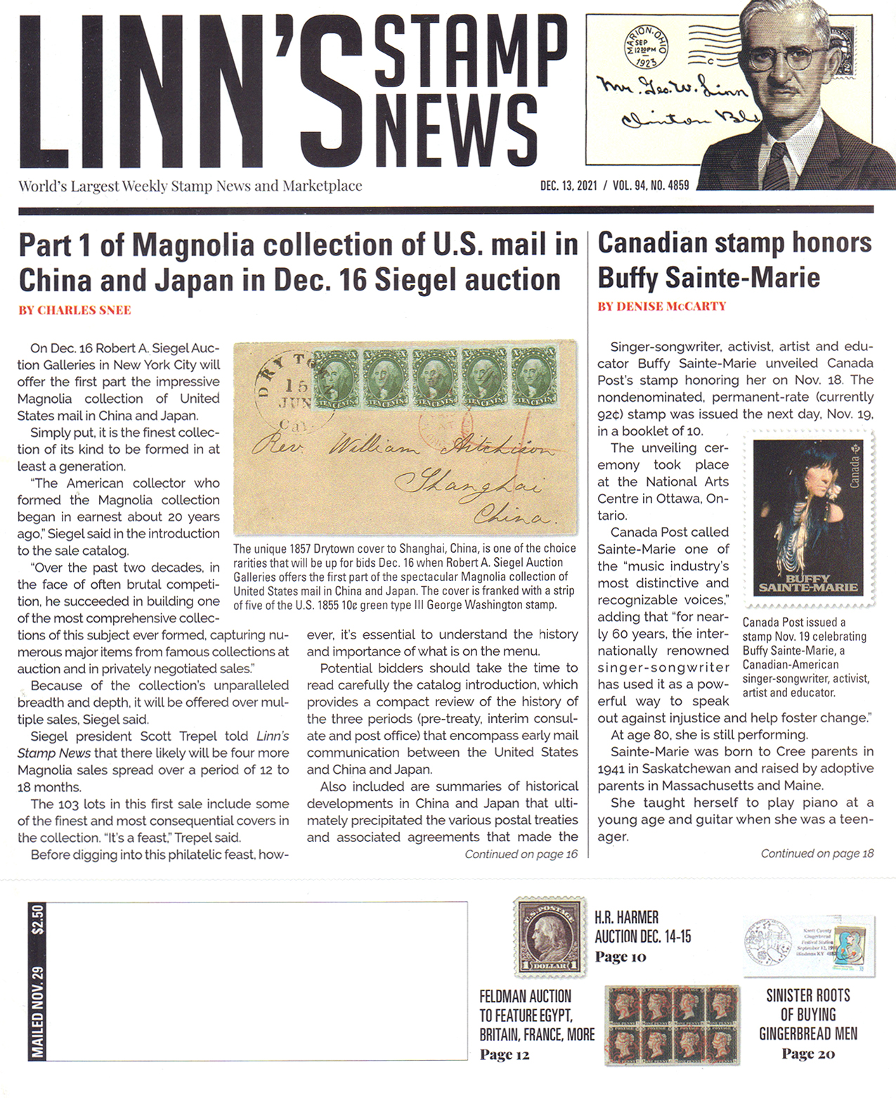 Linns-Stamp-News-Weekly December 13, 2021 Issue Cover