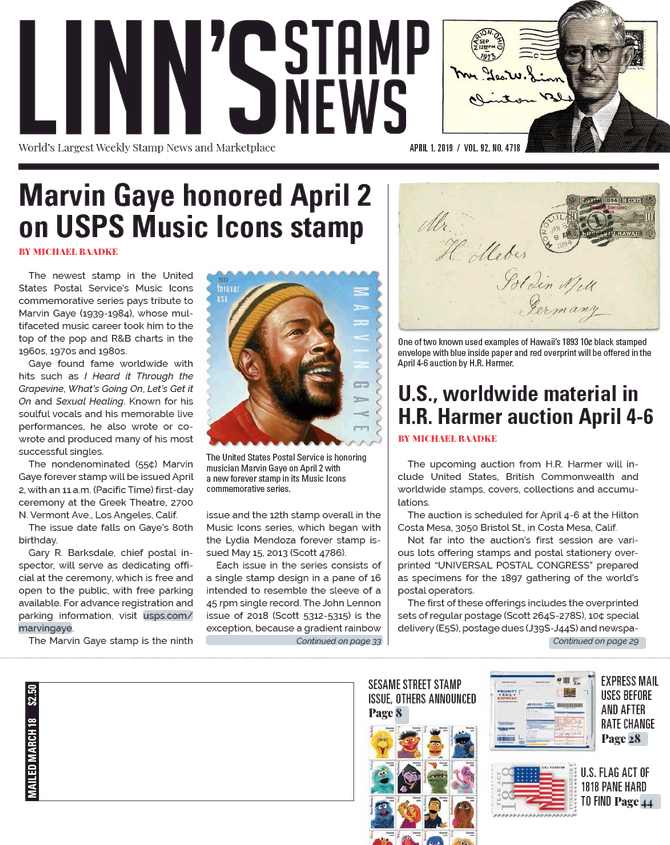 Linns-Stamp-News-Weekly April 01, 2019 Issue Cover