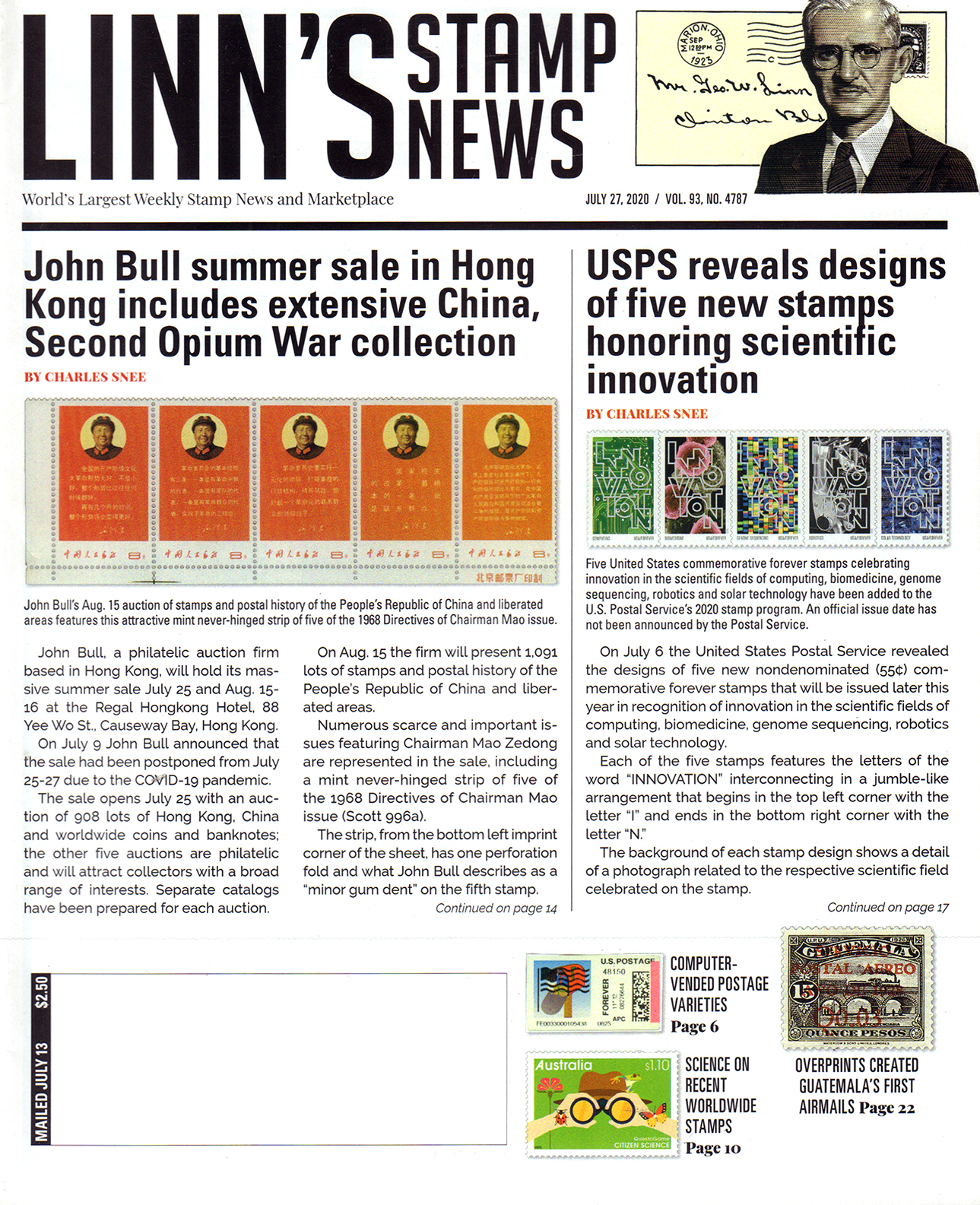 Linns-Stamp-News-Weekly July 27, 2020 Issue Cover