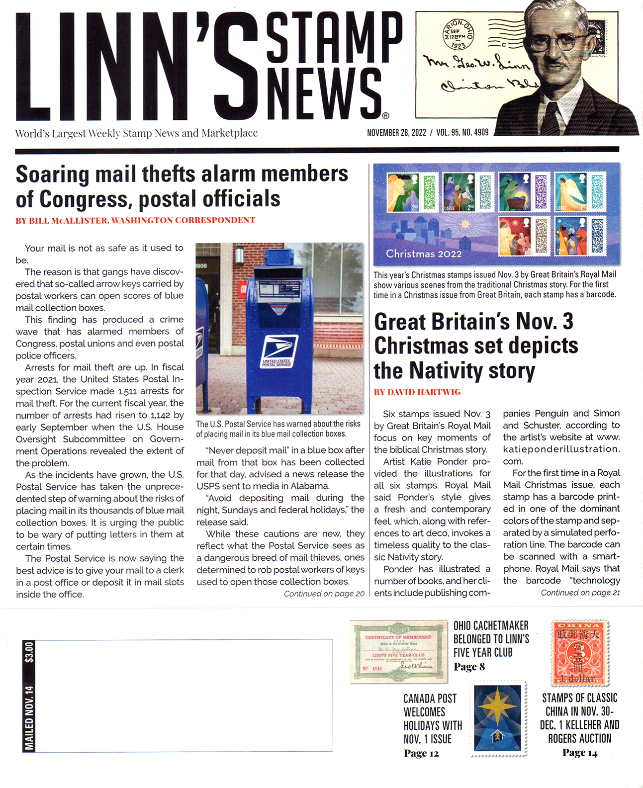 Linns-Stamp-News-Weekly November 28, 2022 Issue Cover