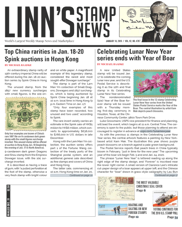 Linns-Stamp-News-Weekly January 14, 2019 Issue Cover