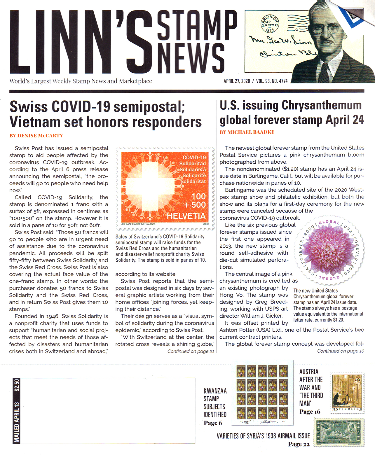 Linns-Stamp-News-Weekly April 27, 2020 Issue Cover
