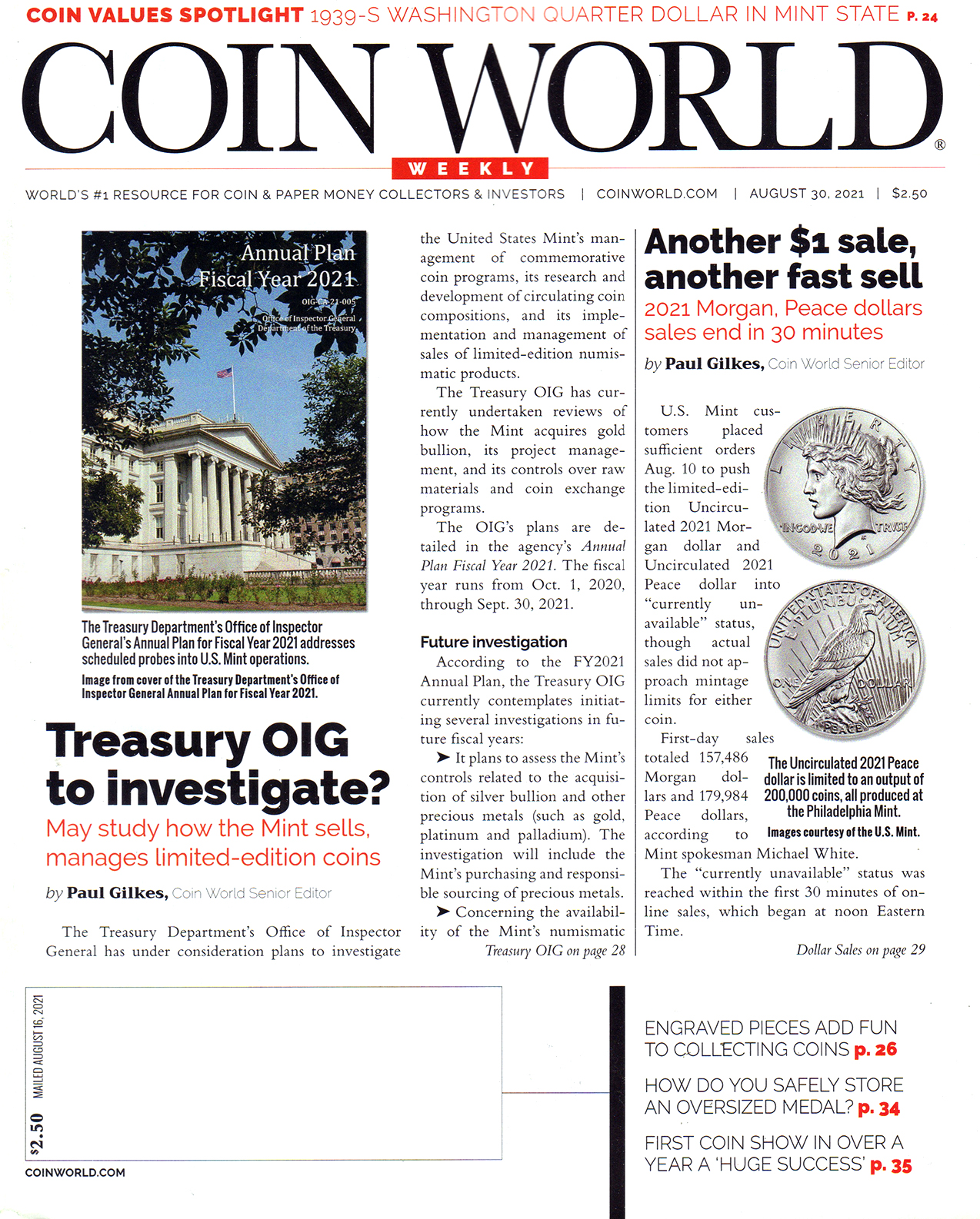 Coin-World-Weekly August 30, 2021 Issue Cover