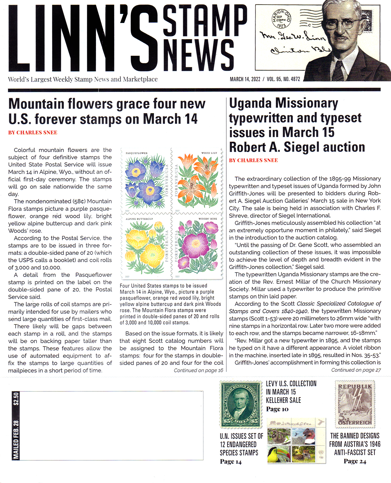 Linns-Stamp-News-Weekly March 14, 2022 Issue Cover